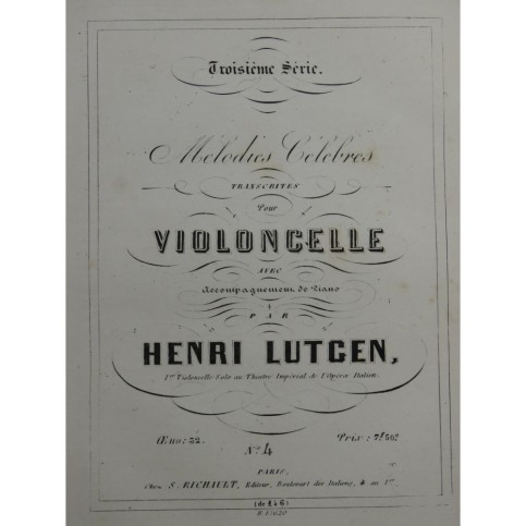LUTGEN H. J. SCHUBERT F. Chanson Sérénade Violoncelle Piano ca1855