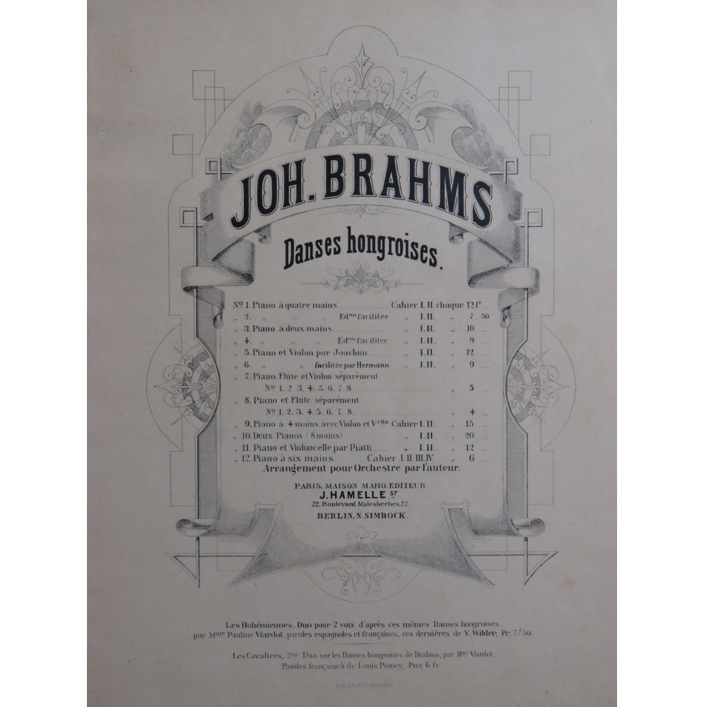 BRAHMS Johannes Danses Hongroises No 1 à 5 Piano ca1880