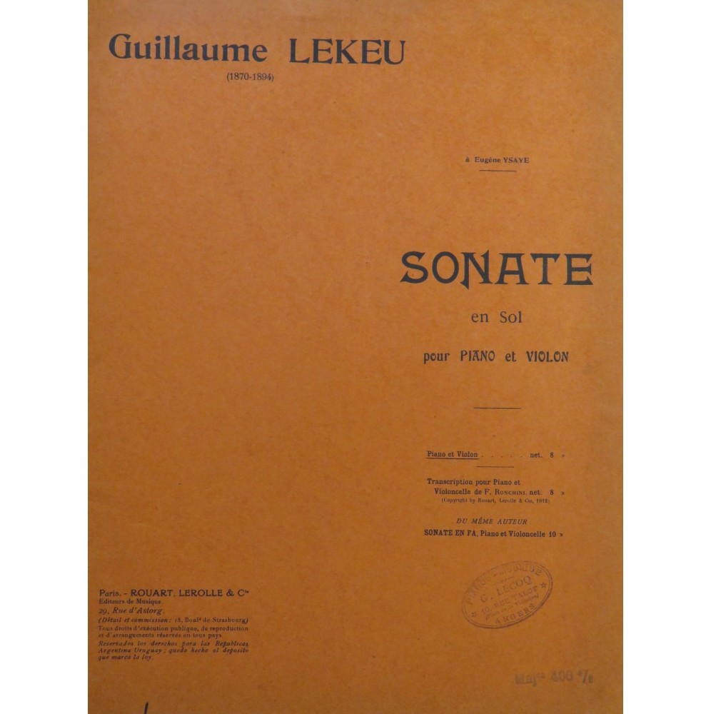 LEKEU Guillaume Sonate en Sol Violon Piano