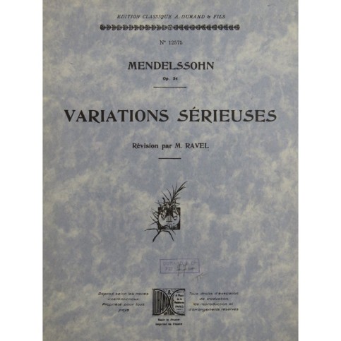 MENDELSSOHN Variations Sérieuses Piano 1948