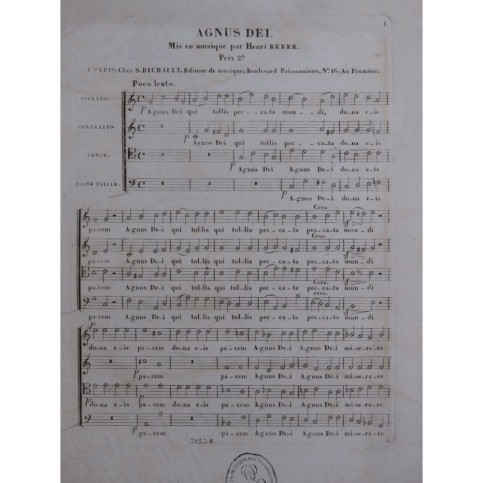 REBER Henri Agnus Dei à quatre voix Chant ca1835