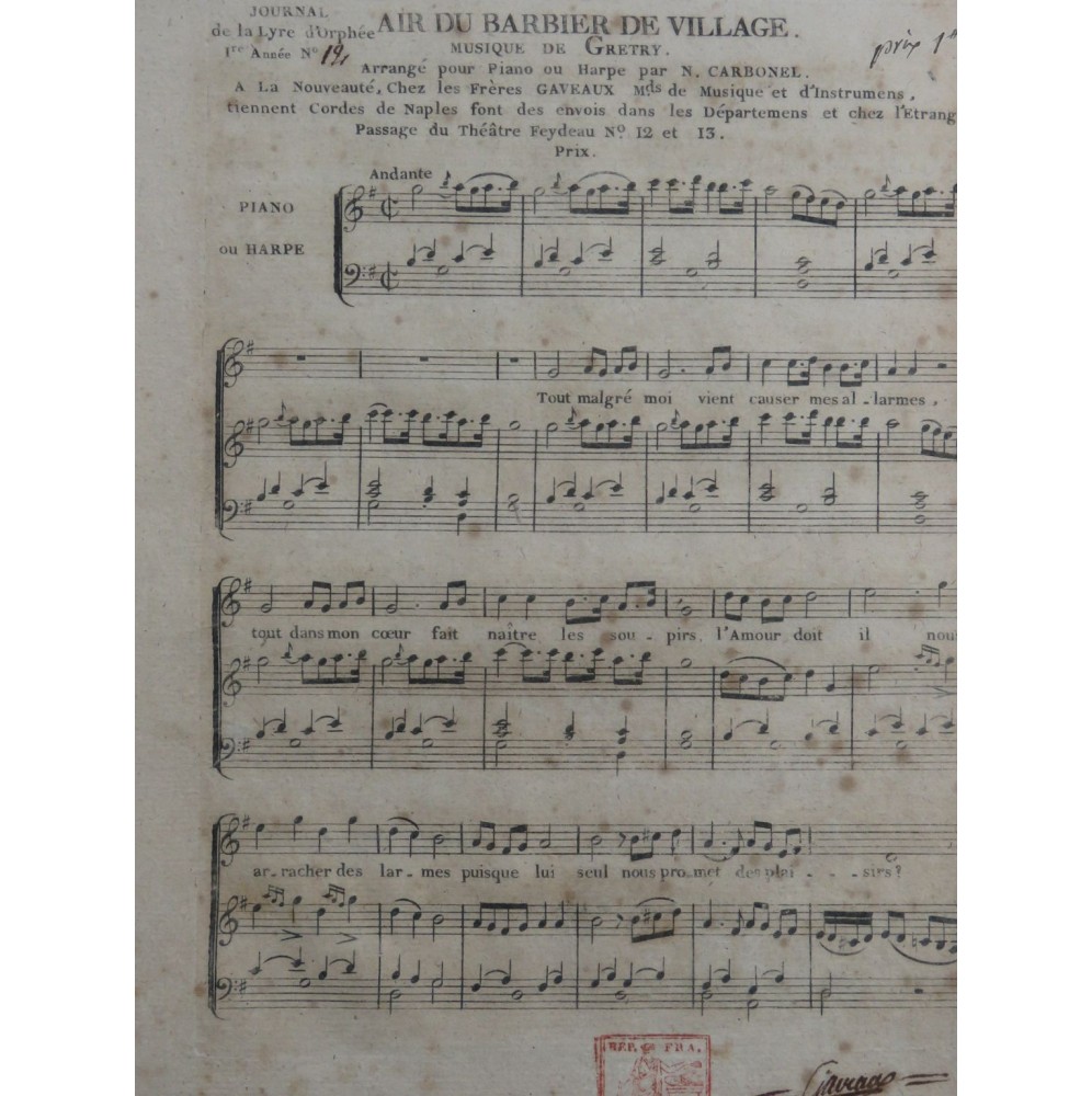 GRÉTRY André Le Barbier du Village Air Chant Piano ou Harpe ca1797