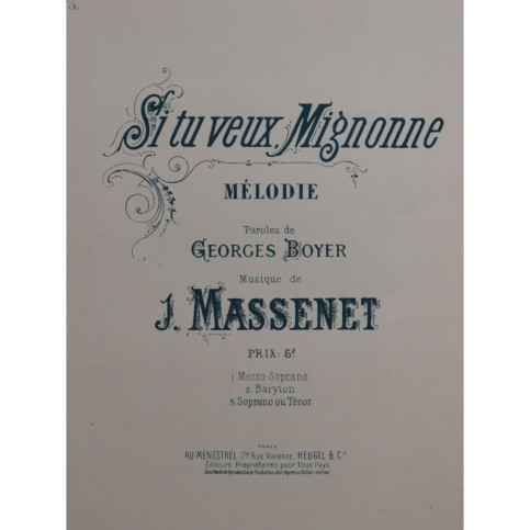MASSENET Jules Si tu veux Mignonne Chant Piano ca1890