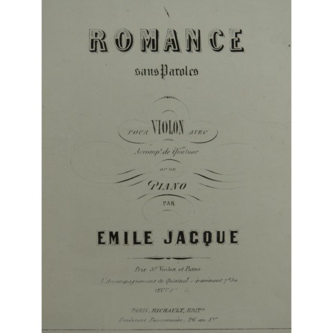 JACQUE Émile Romance sans Paroles op 1 Violon Piano ca1860