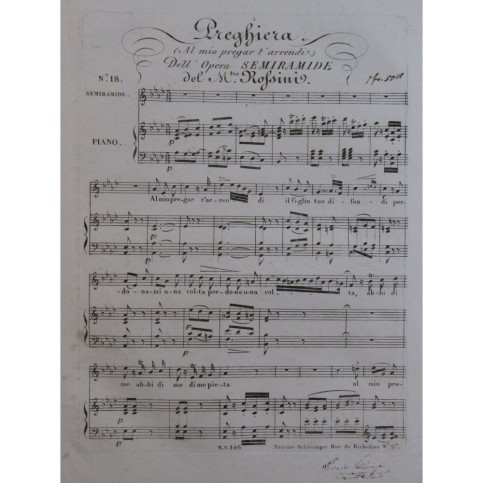 ROSSINI G. Semiramide No 18 Preghiera Chant Piano ca1823