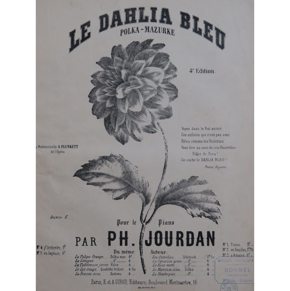 JOURDAN Philippe Le Dahlia Bleu Piano XIXe siècle