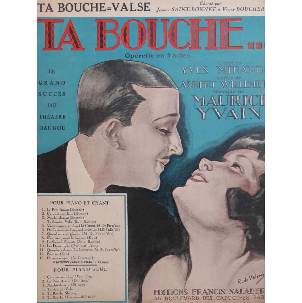 YVAIN Maurice Ta Bouche-Valse Chant Piano 1922