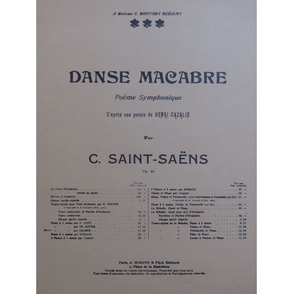 SAINT-SAËNS Camille Danse Macabre op 40 Piano 1928