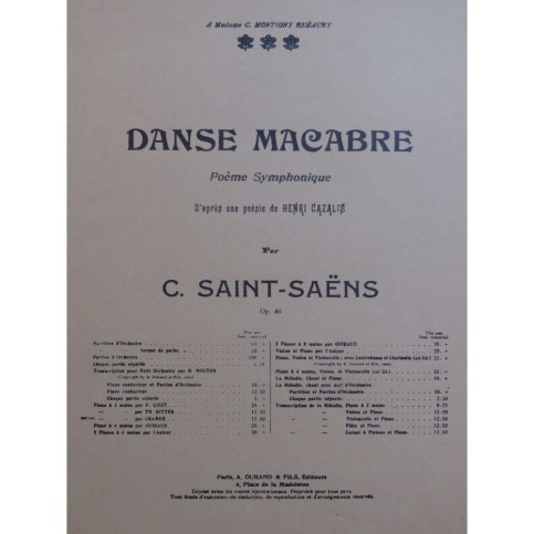 SAINT-SAËNS Camille Danse Macabre op 40 Piano 1928