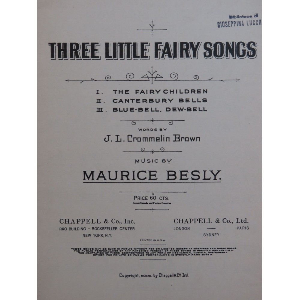 BESLY Maurice Three Little Fairy Songs Chant Piano 1939
