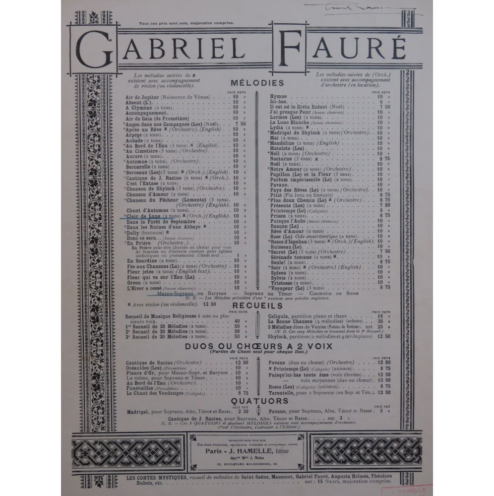 FAURÉ Gabriel Clair de Lune Menuet Chant Piano