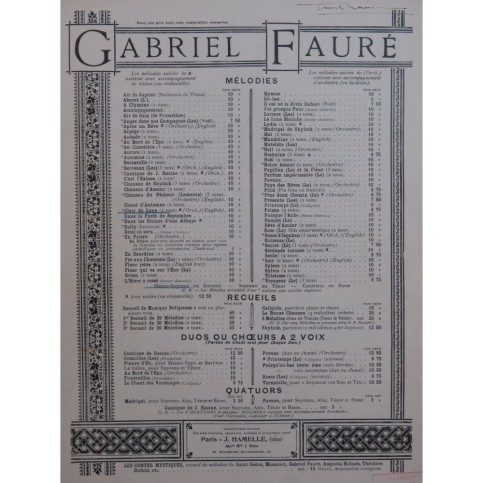 FAURÉ Gabriel Clair de Lune Menuet Chant Piano