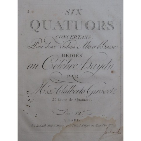 GYROWETZ Adalbert Six Quatuors 2e Livre Violon Alto Violoncelle ca1795