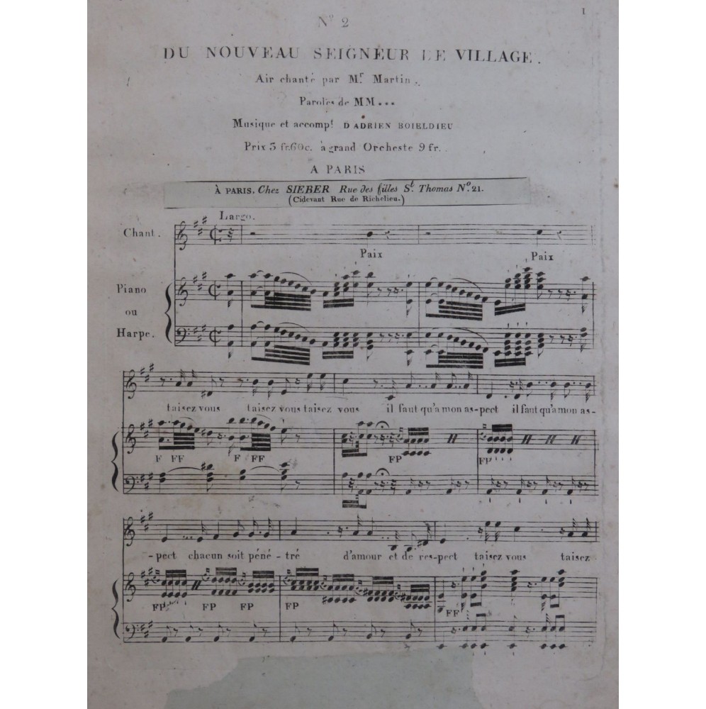 BOIELDIEU Adrien Le Nouveau Seigneur de Village No 2 Chant Piano ou Harpe ca1815