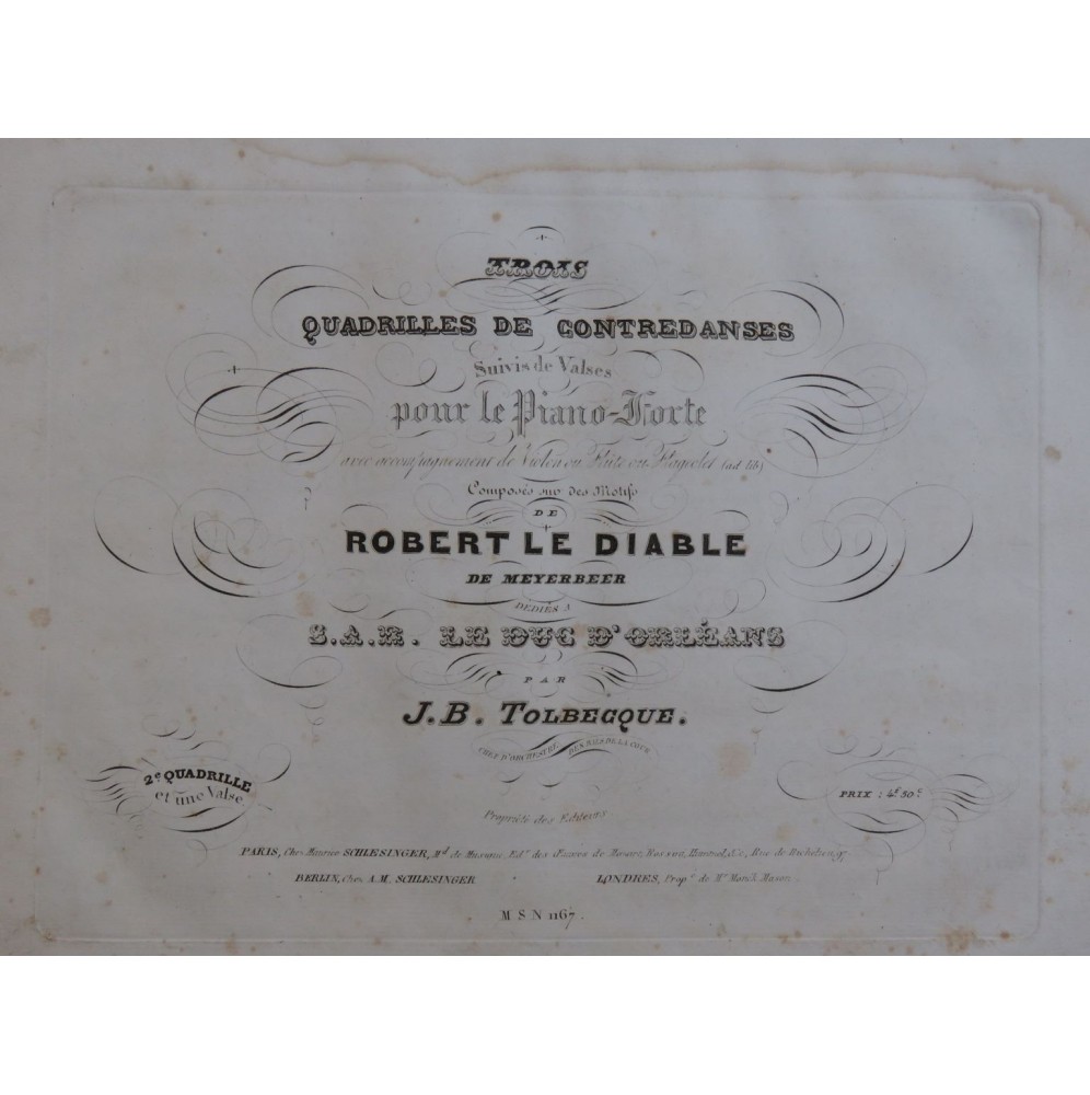TOLBECQUE J. B. Robert Le Diable Quadrille No 2 Piano ca1830