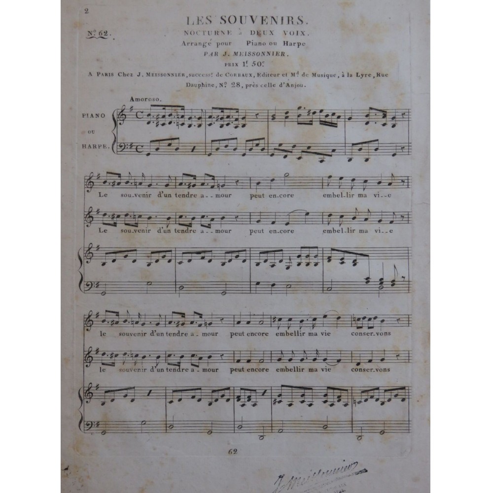 MEISSONNIER J. Les Souvenirs Chant Piano ou Harpe ca1820