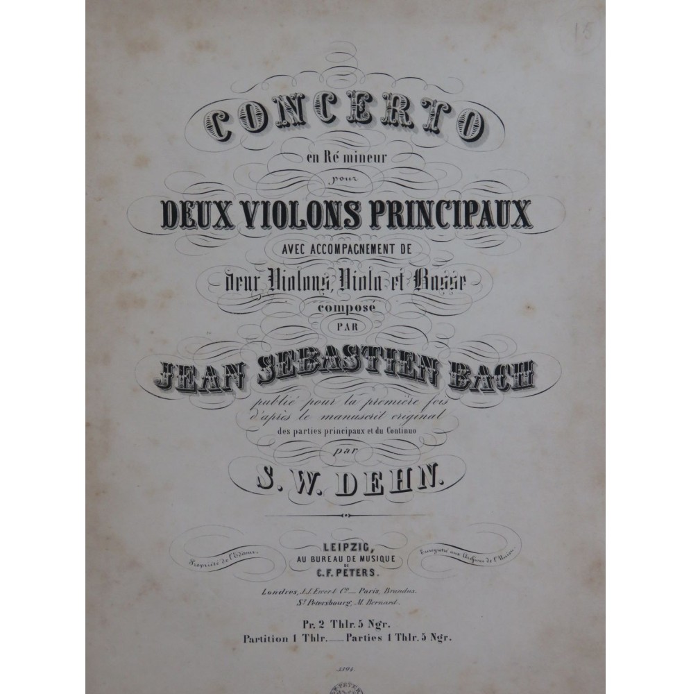 BACH J. S. Concerto en Ré mineur pour deux Violons Quatuor ca1852