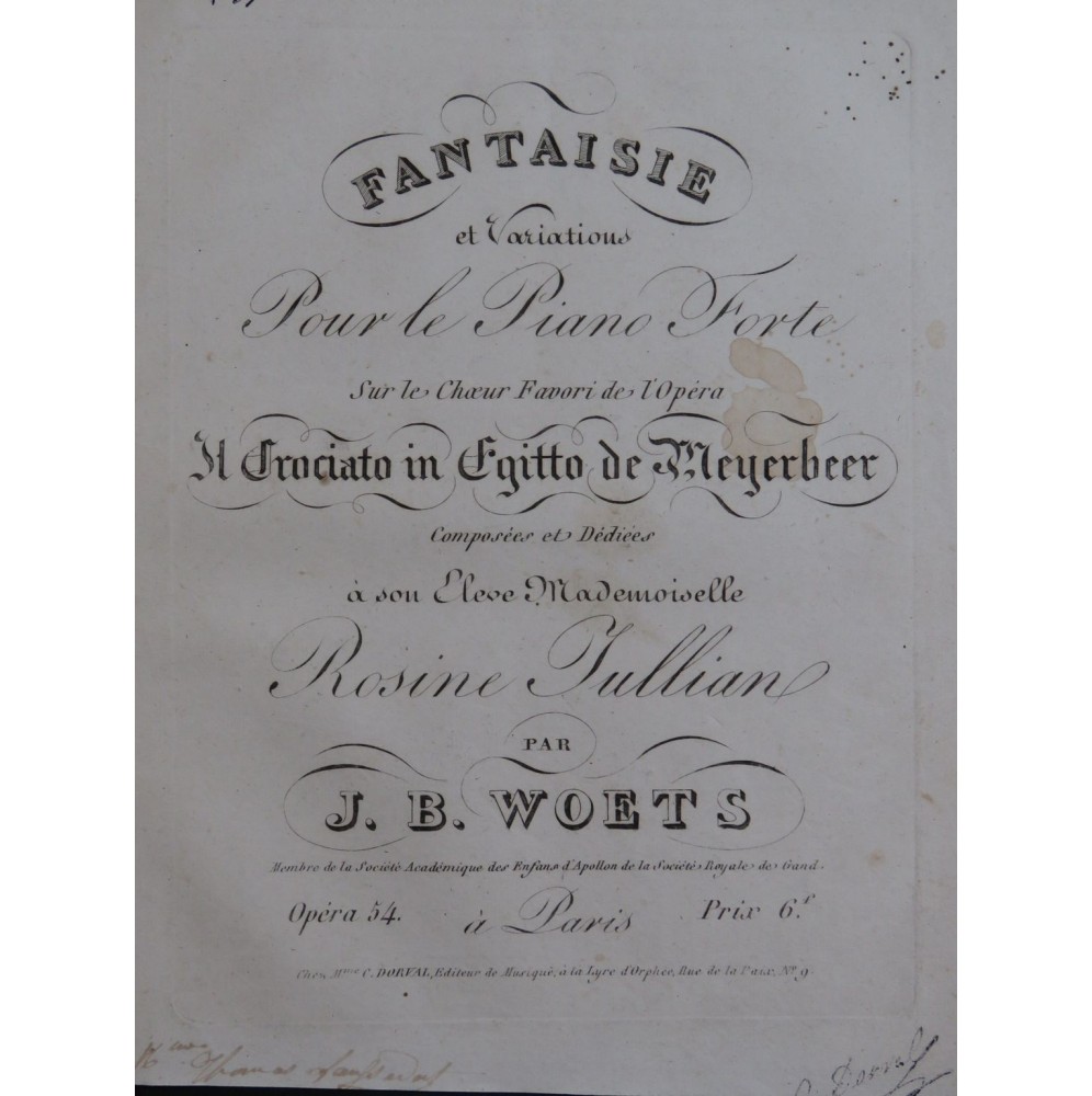 WOETS Joseph Bernard Fantaisie Il Crociato in Egitto Meyerbeer Piano ca1820