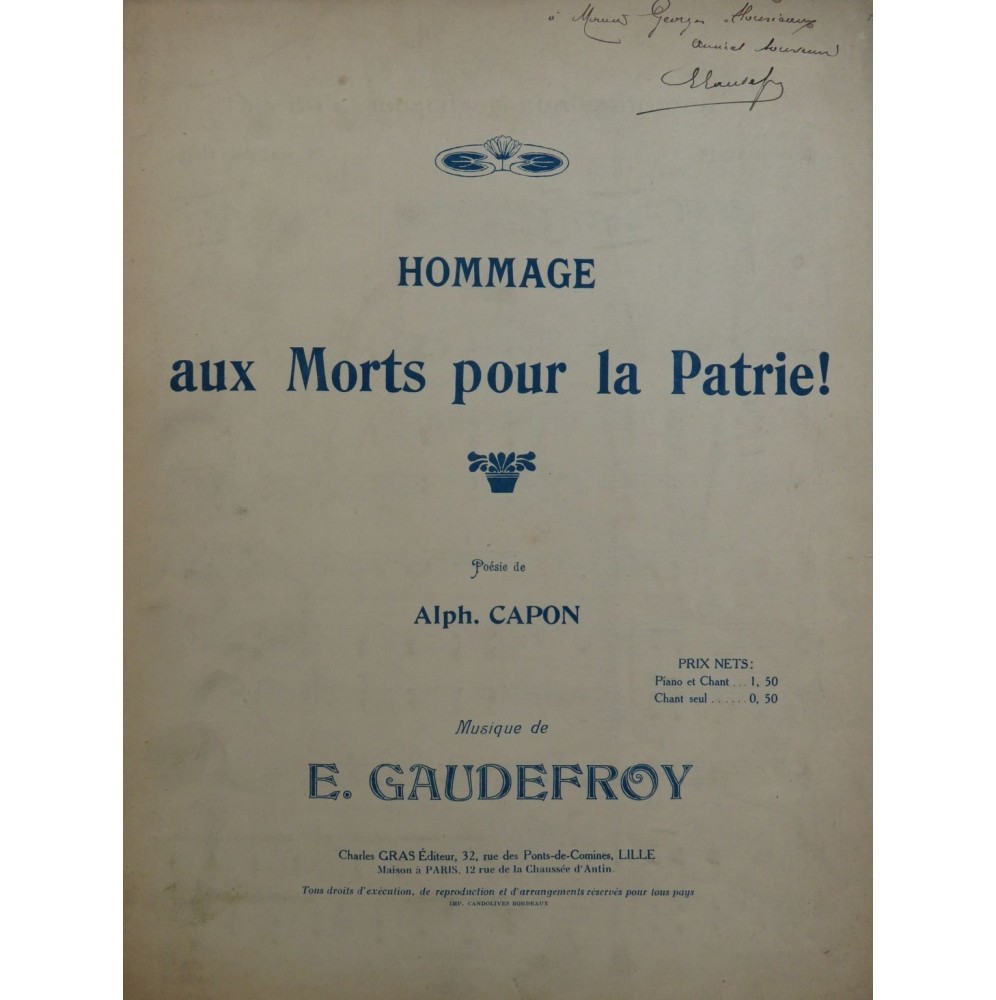 GAUDEFROY E. Hommage aux Morts pour la Patrie Dédicace Chant Piano