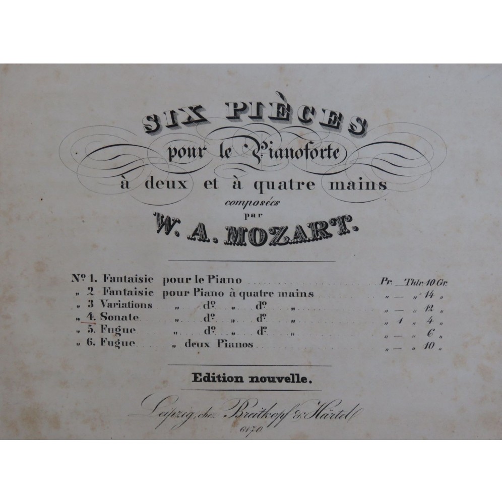 MOZART W. A. Sonate en Do Majeur Piano 4 mains ca1840
