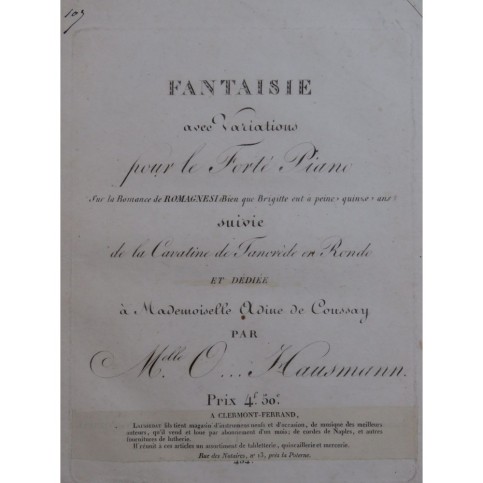 HAUSMANN O. Fantaisie sur la Romance de Romagnesi Piano ca1820
