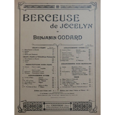 GODARD Benjamin Berceuse de Jocelyn Piano Violoncelle 1923