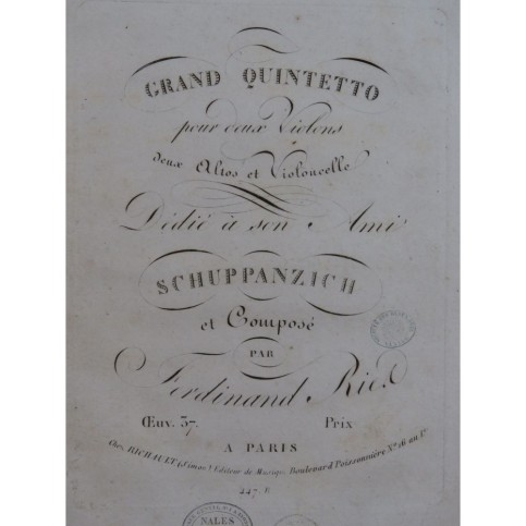 RIES Ferdinand Grand Quintetto op 37 Violon Alto Violoncelle ca1820