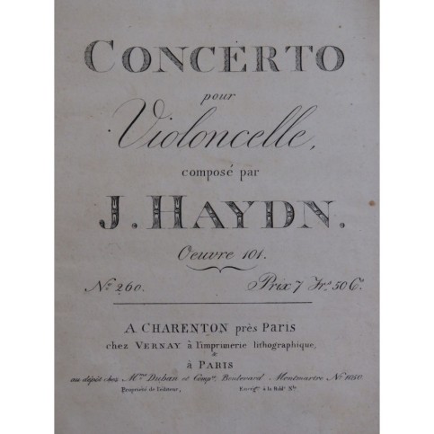 HAYDN Joseph Concerto op 101 HOB VIIb:2 pour Violoncelle Orchestre ca1805