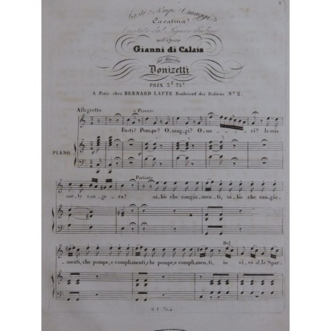 DONIZETTI G. Gianni di Calais Cavatina Chant Piano ca1835