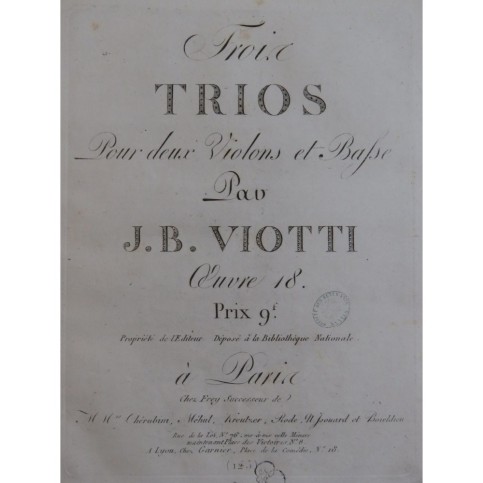 VIOTTI J. B. Trois Trios op 18 pour 2 Violons et Basse ca1810