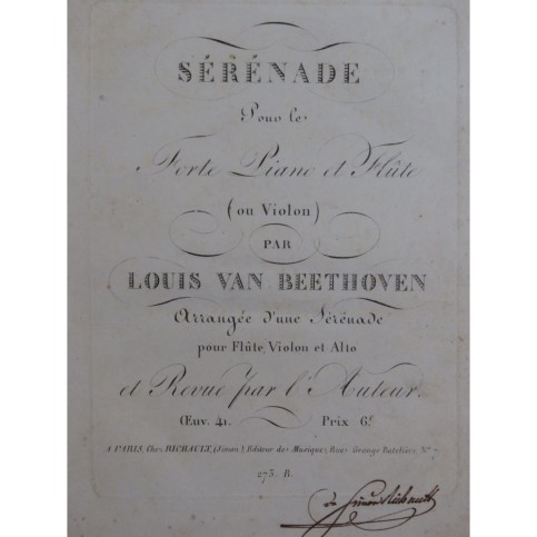 BEETHOVEN Sérénade op 41 Piano Violon ou Flûte ca1820