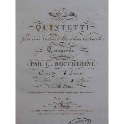 BOCCHERINI Luigi Six Quintetti op 37 10e Livre Violons Altos Violoncelle ca1815