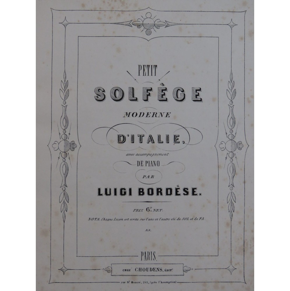 BORDÈSE Luigi Petit Solfège d'Italie Chant Piano ca1860