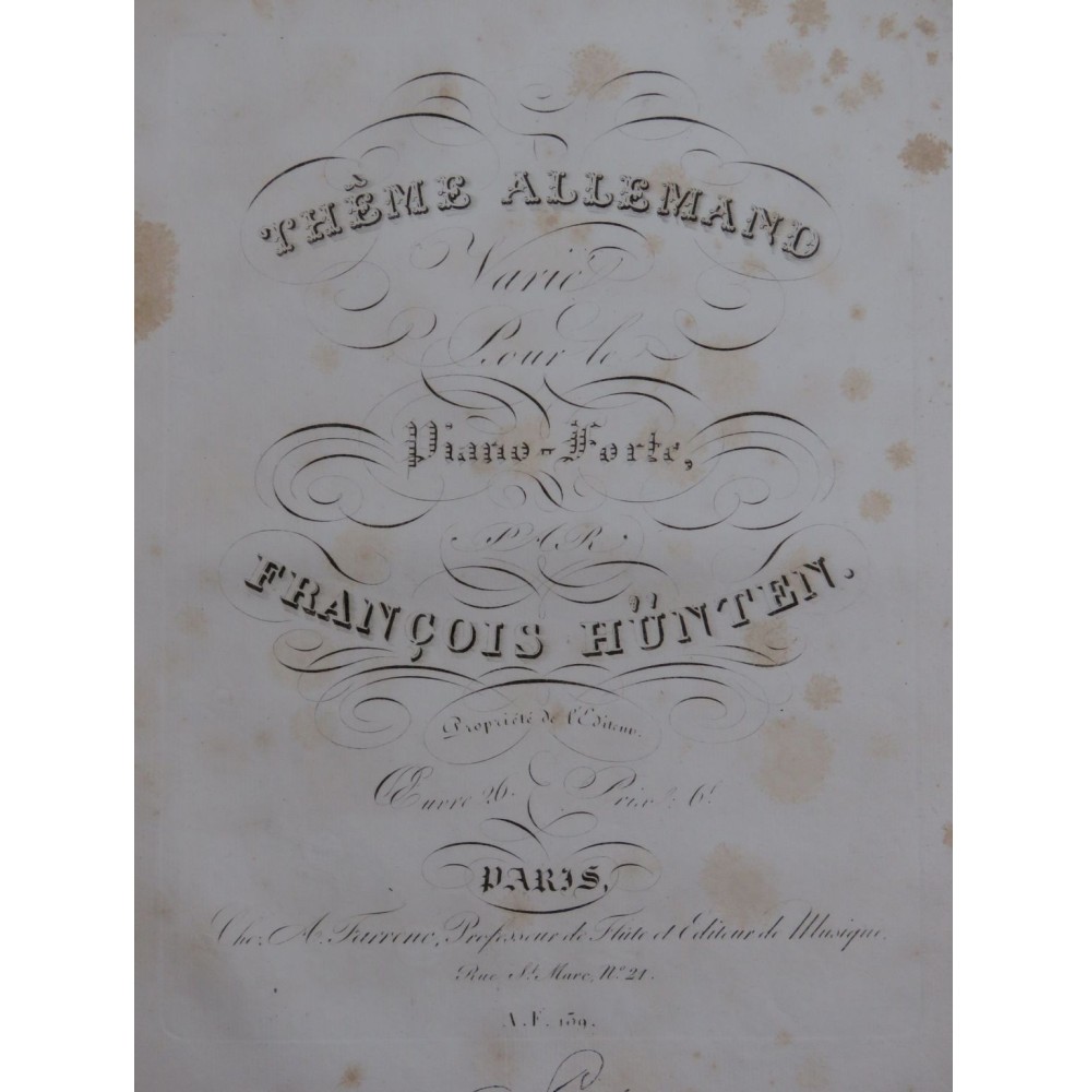 HÜNTEN François Thème Allemand op 26 Piano ca1830
