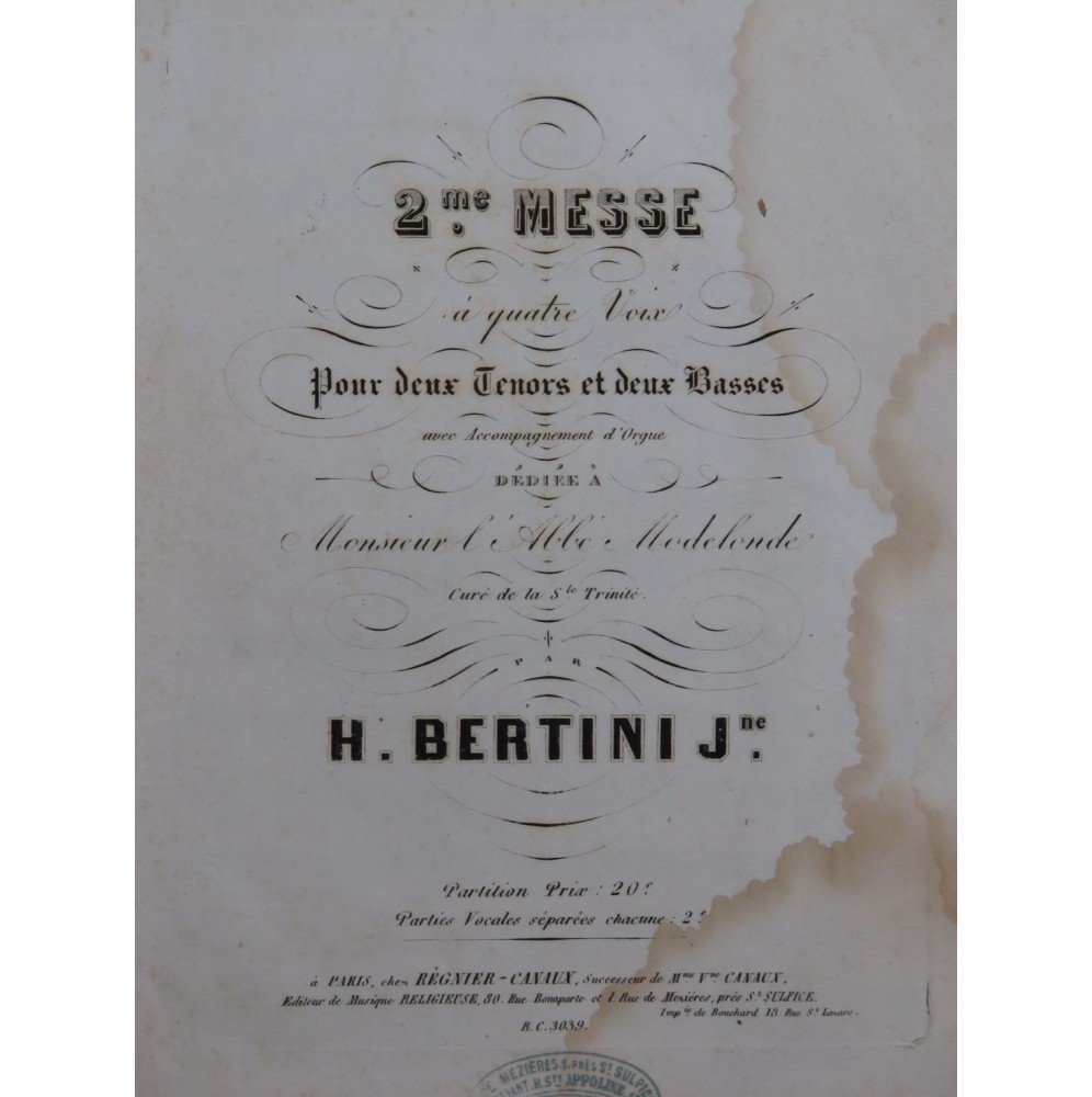 BERTINI Henri Messe No 2 Chant Orgue 1859