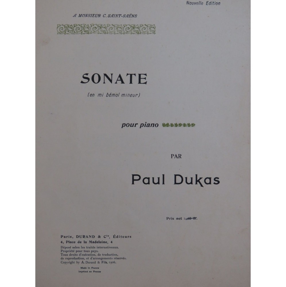 DUKAS Paul Sonate en mi bémol mineur Piano