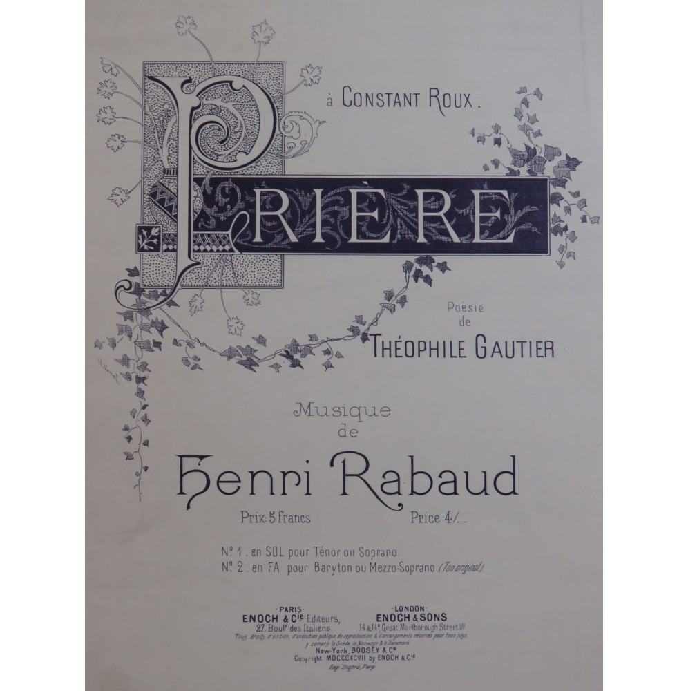 RABAUD Henri Prière Chant Piano 1897