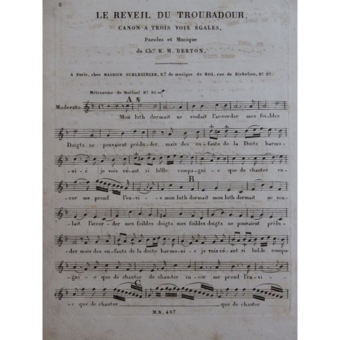 BERTON H. M. Le Réveil du Troubadour Chant Piano ca1830