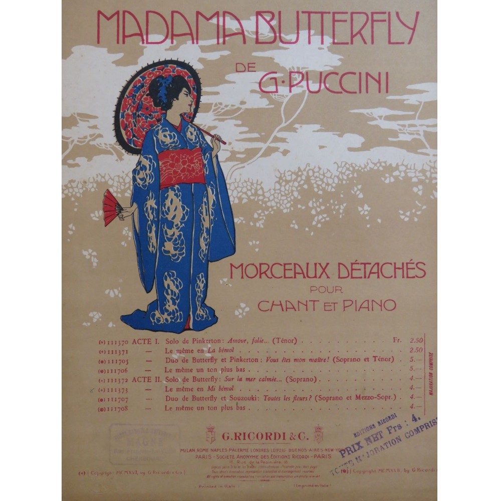 PUCCINI Giacomo Madame Butterfly Solo de Butterfly Piano Chant 1907