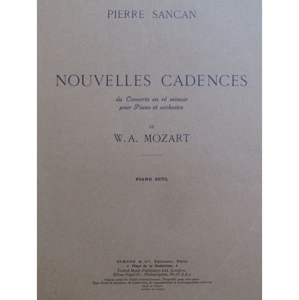 SANCAN Pierre Nouvelles Cadences Concerto en Ré min de Mozart Piano 1951
