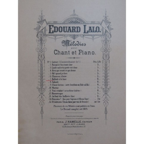 LALO Edouard Ballade de la Lune Chant Piano ca1880