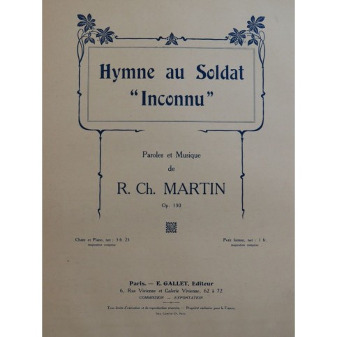 MARTIN R. Ch. Hymne au Soldat Inconnu Chant Piano