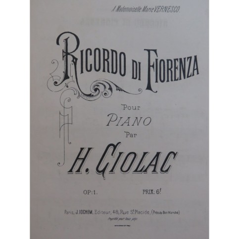 CIOLAC Hélène Ricordo Di Fiorenza Piano 1885