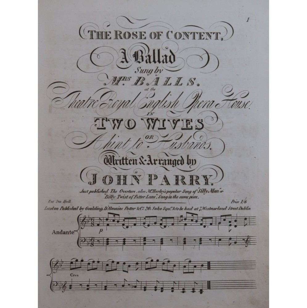 PARRY John The Rose of Content Chant Piano ca1820