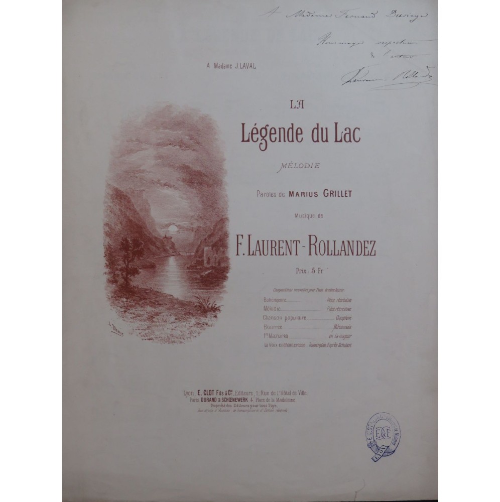 LAURENT-ROLLANDEZ F. La Légende du Lac Dédicace Chant Piano XIXe
