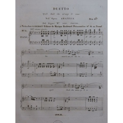 PACINI Giovanni Amazilia No 2 Duetto Chant Piano ca1830