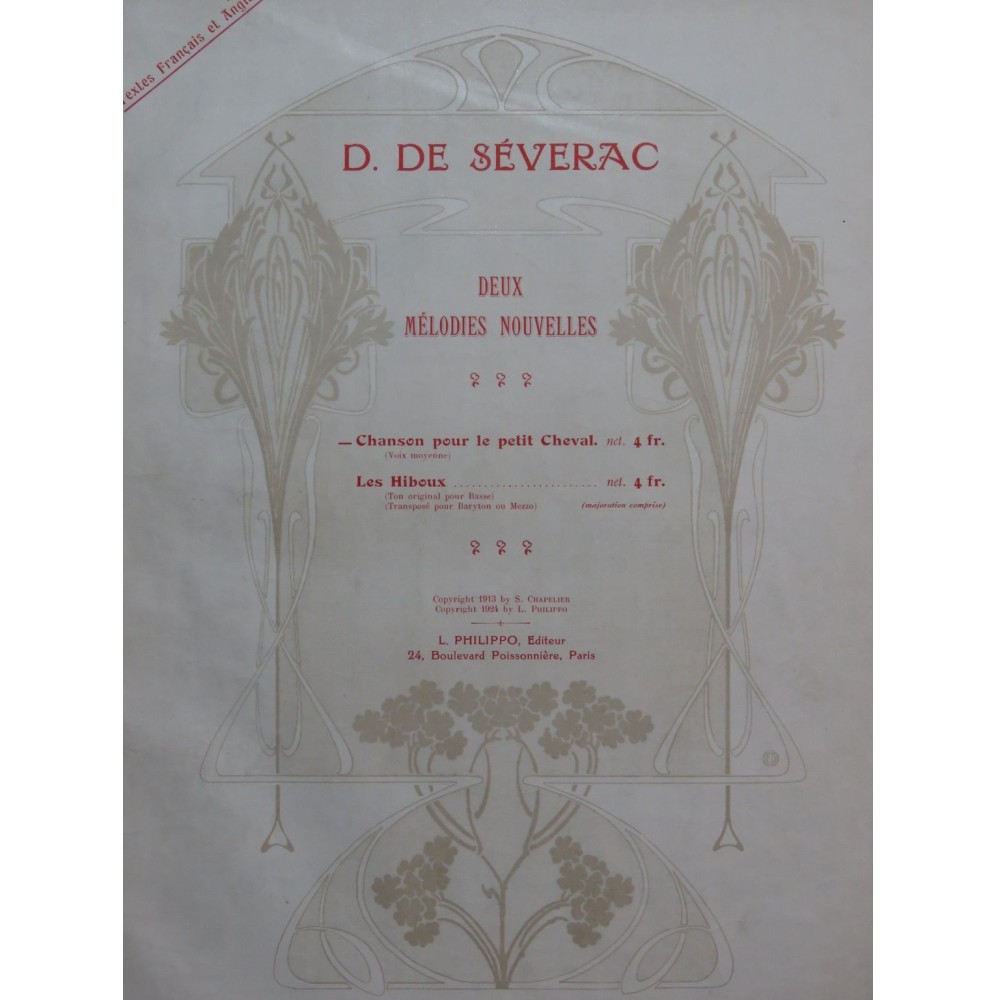 DE SÉVERAC Déodat Chanson pour le petit cheval Chant Piano 1924