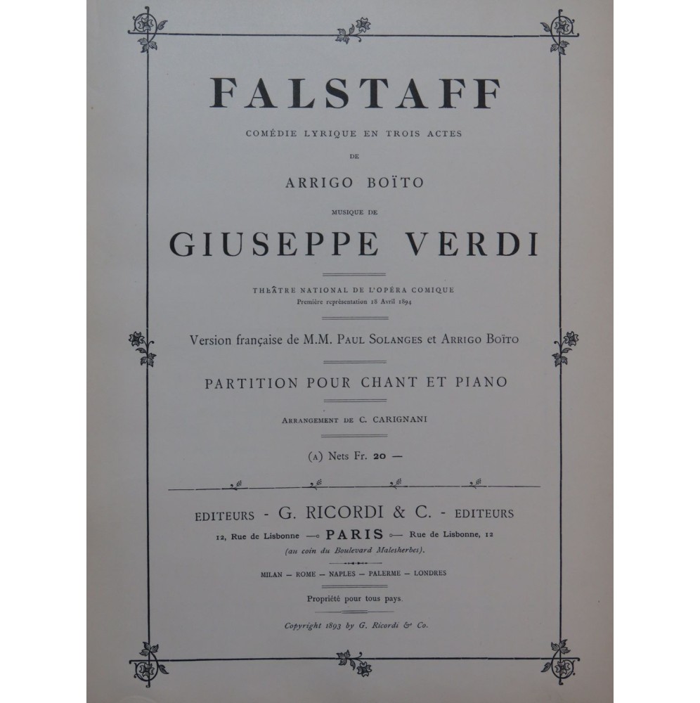 VERDI Giuseppe Falstaff Opéra Chant Piano 1894