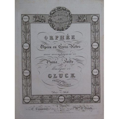 GLUCK C. W. Orphée Opéra Piano Chant ca1825