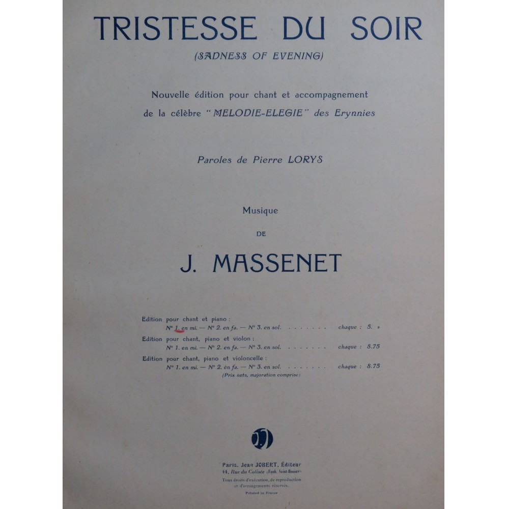 MASSENET Jules Tristesse du Soir Chant Piano 1931